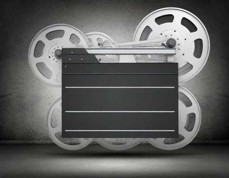 Filmrolle Ein Filmklappe vor Filmrollen auf einer grauen Wand.