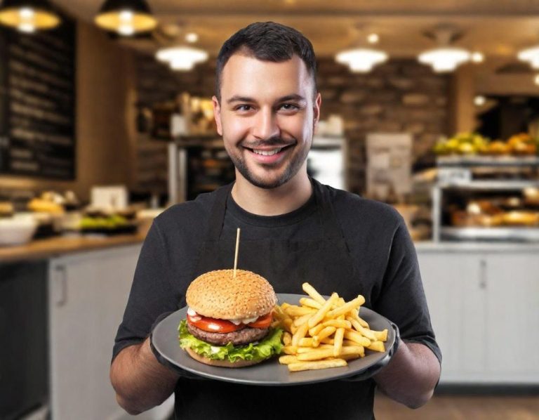 Kellner Lächelnder Mann hält einen Hamburger mit Pommes auf einem Teller in einem Restaurant.