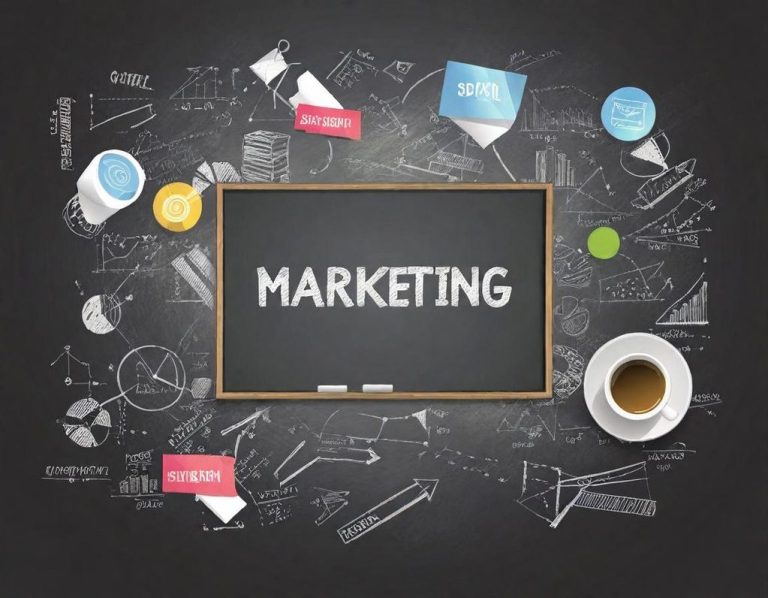 Marketing Schwarze Tafel mit dem Wort „MARKETING“ umgeben von verschiedenen Grafiken und einer Kaffeetasse.