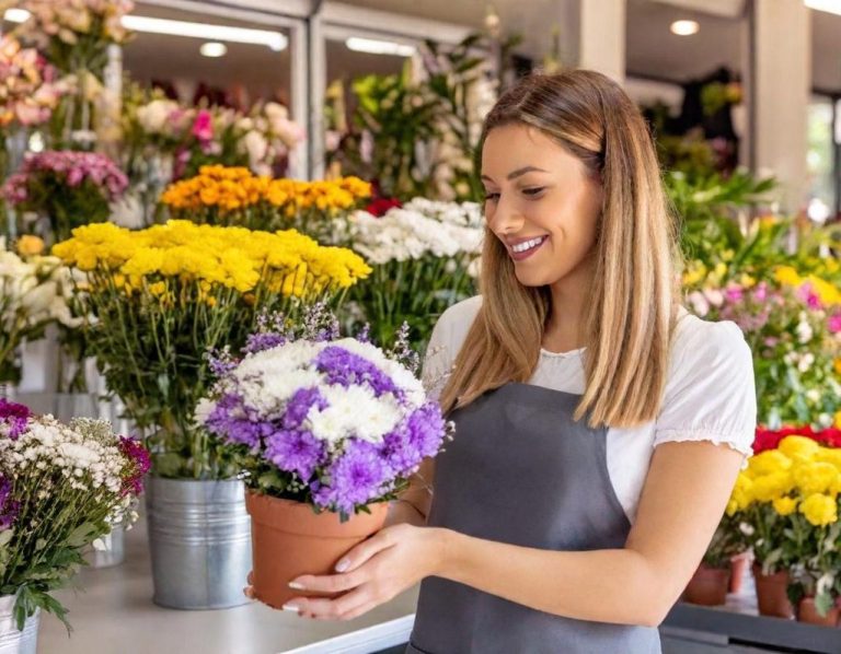 Blumenladen Junge Frau hält einen Topf mit bunten Blumen in einem Blumenladen.